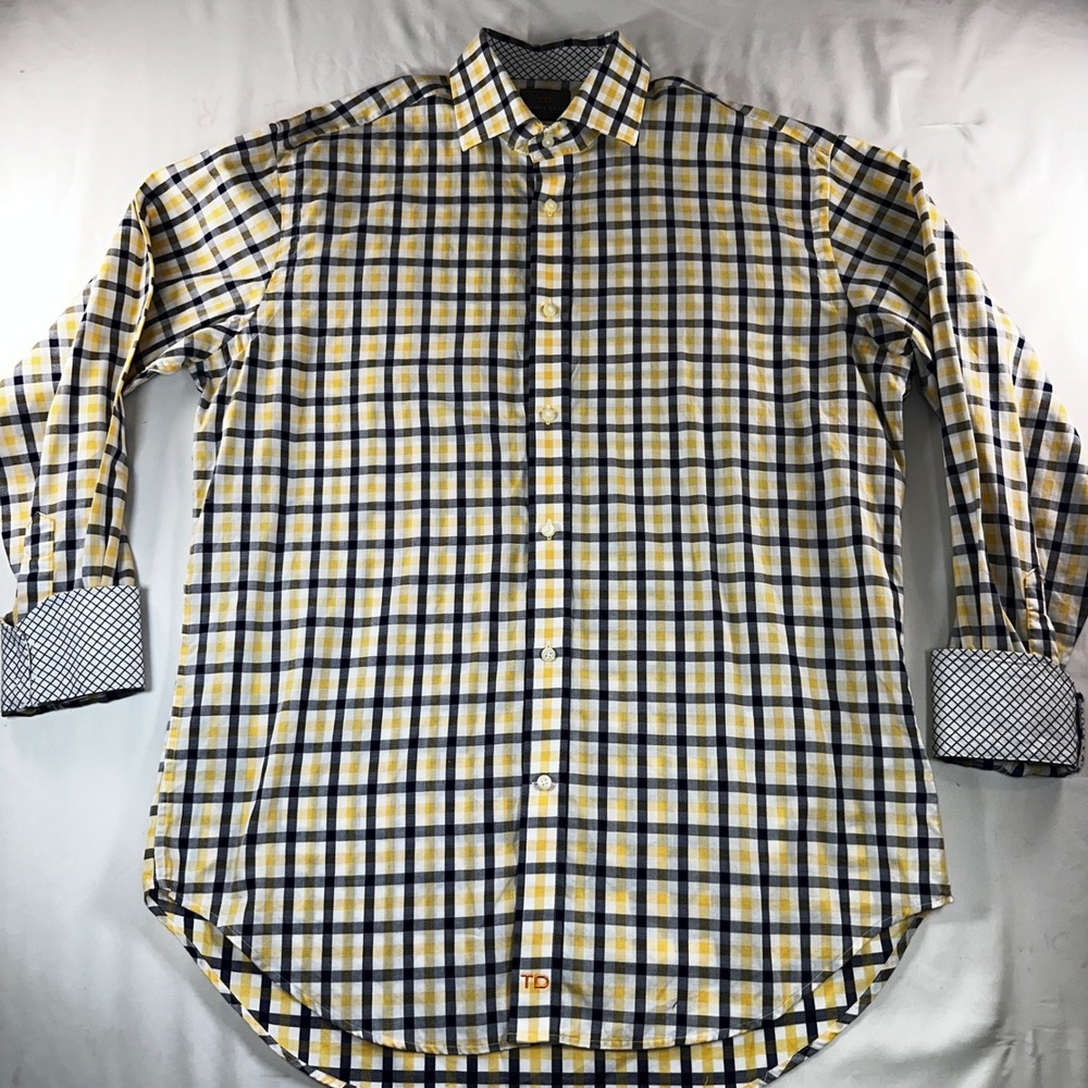 Thomas Dean Mens Pima Cotton Check Button Down Shirt Yellow Navy Blue Size M